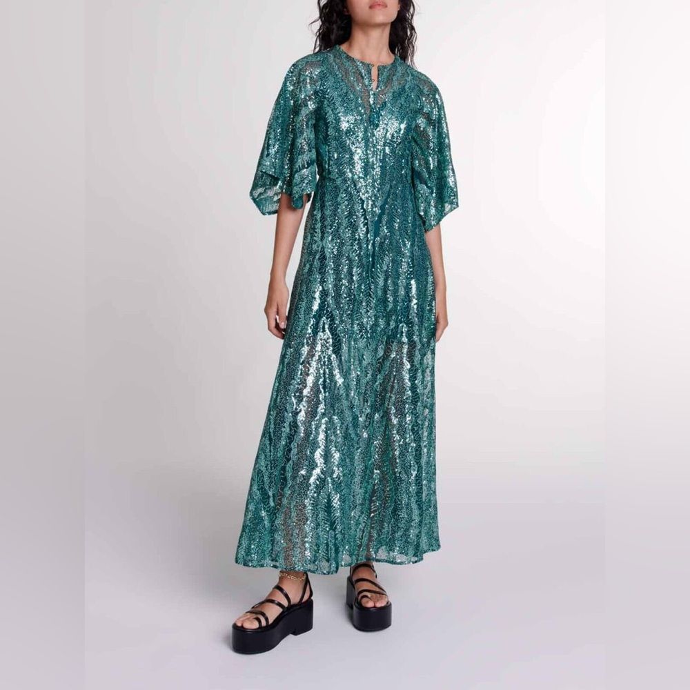 Maje Green Sequin Embellished Maxi Dress Us Xs / Fr 34 Formal Wedding Guest Gown